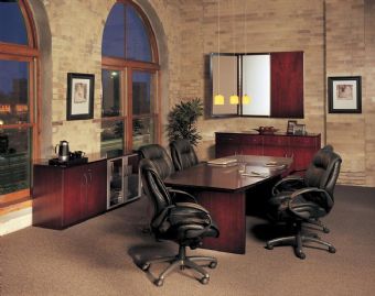 Corsica Series Small Conference Room with Low Wall Cabinet and Buffet (Mahogany)