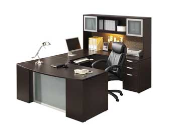 Classic Laminate Series Step-Front U-Shape Desk & Hutch with Glass Doors (Espresso)