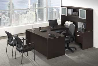 Classic Laminate Series U-Shaped Desk with Glass Door Hutch (Espresso)