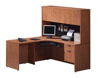 Elite Series L-Shape Workstation with Inside Curve & 4-Door Hutch (Honey)