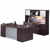 Wood Veneer Series Bow Front Freestanding Desk with Frosted Modesty Panel and Credenza with Hutch (Espresso)
