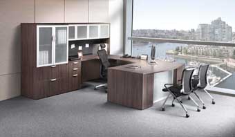 Performance Step Front Laminate Series U-Shape Workstation (Modern Walnut)
