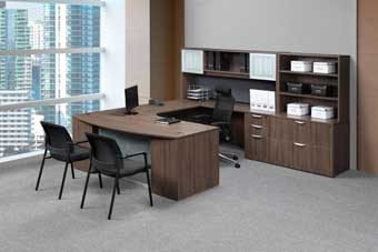 Step-Front U-Station with Hutch (Modern Walnut)