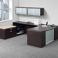 Classic Laminate Series Step-Front L-Shape Desk with Frosted Glass Modesty Panel (Espresso)