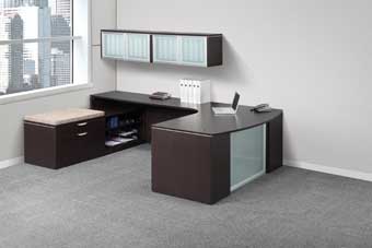 Classic Laminate Series Step-Front L-Shape Desk with Frosted Glass Modesty Panel (Espresso)