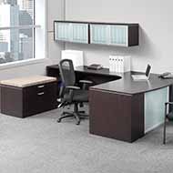 Elements Step-Front L-Shape Desk with Frosted Glass Modesty Panel (Espresso)