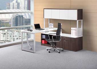 Elements L-Station with Hutch & Credenza (Modern Walnut & White) 