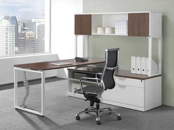 Elements L-Shape Workstation with Loop Legs (Modern Walnut & White)