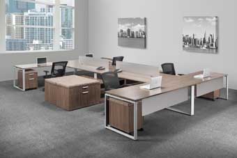 Elements U-Station Quad with Frosted Glass Modesty Panel & Loop Legs (Modern Walnut)  