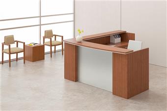 Milano Series L-Shape Reception Desk with Silver Metallic Modesty Panel (Oil Cherry)