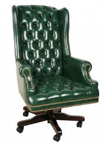 Traditional Vinyl Executive High Back Chair (Green with Mahogany Wood)