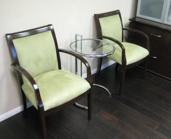 Guest Chairs in Tuscan Walnut and Moss Fabirc