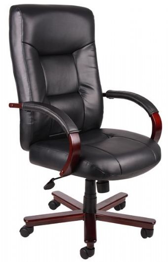 Boss B8901Executive Leather Chair with Mahogany Arms and Base (Black)