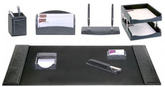 Dacasso Black 8 Piece Crocodile Embossed Leather Desk Set 
