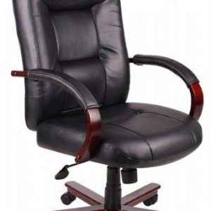 Boss B8901Executive Leather Chair with Mahogany Arms and Base (Black)