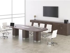 Deskmakers 12ft Racetrack Conference Table with Full Cylinder Bases and Solid Wood Edge (Tuscan Walnut)