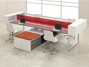 BenchWorx Station for 4 with Loop Legs and Credenzas (Regal White and Tenino Grey)