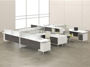 TeamWorx Station for 4 with Credenzas and Pedestals (Regal White and Tenino Grey)