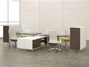 TeamWorx Station for 4 with Credenzas and Storage Cabinets (Regal White and Black Forest Walnut)