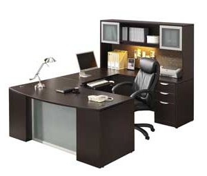 Classic Laminate Series Step-Front U-Shape Desk and Hutch with Glass Doors (Espresso)