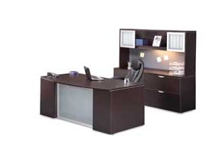 Wood Veneer Series Bow Front Freestanding Desk with Frosted Modesty Panel and Credenza with Hutch (Espresso)