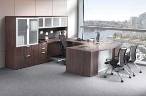 Performance Step Front Laminate Series U-Shape Workstation (Modern Walnut)