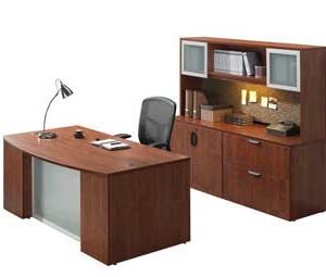 Classic Laminate Series Bow Front Workstation with Frosted Glass Modesty Panel (Cherry)