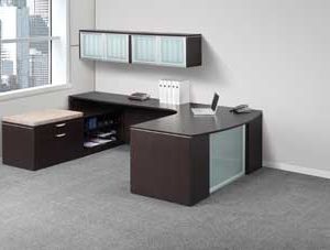 Classic Laminate Series Step-Front L-Shape Desk with Frosted Glass Modesty Panel (Espresso)