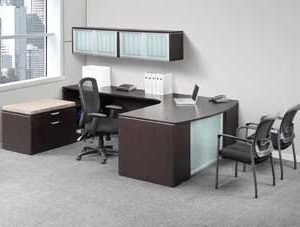 Elements Step-Front L-Shape Desk with Frosted Glass Modesty Panel (Espresso)