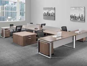 Elements U-Station Quad with Frosted Glass Modesty Panel and Loop Legs (Modern Walnut)