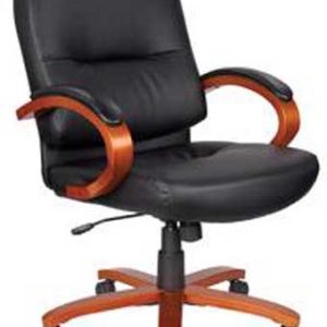 565 - Black Leather Mid-Back Jr. Executive Conference Chair with Cherry Arms