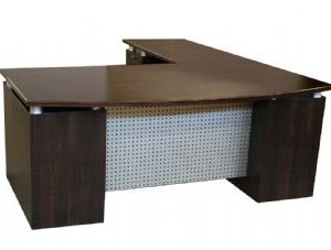 Titanium Collection L-Shape Bow Front Desk with Dotted Modesty Panel (Black Forest Walnut)